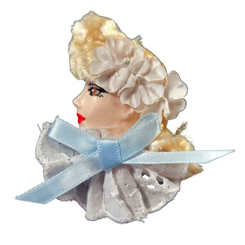 Glamour Lady Head Brooch Face With White Lace and Blue Ribbon 1980's Gift Box